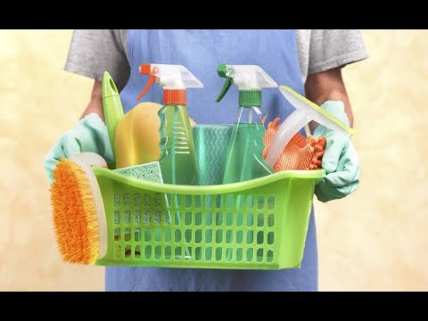 Person in blue apron and green gloves holding a basket full of cleaning supplies.