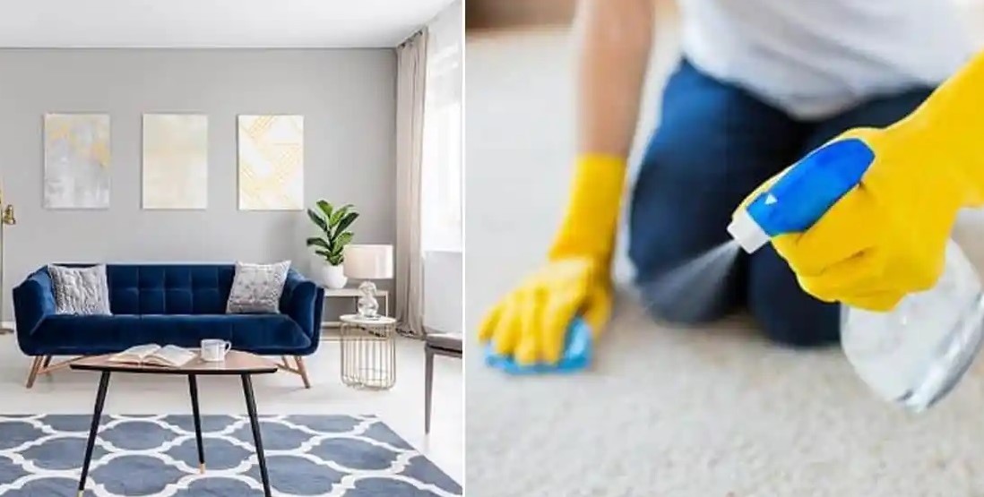 Split image showing a clean modern living room and a person in yellow gloves cleaning a carpet with a spray bottle and sponge